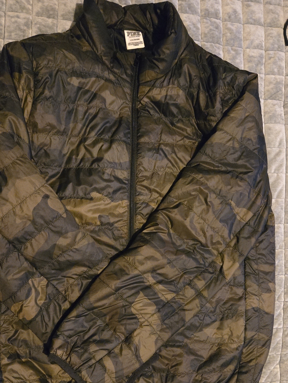 PINK Victoria's Secret Olive Camo Quilted Puffer Jacket